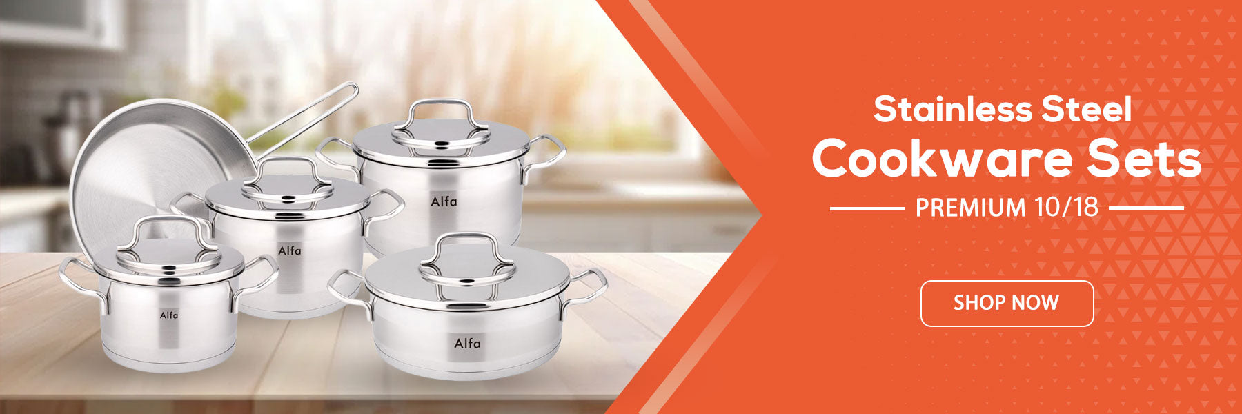 Stainless steel cookware sets on a kitchen counter with an orange banner and 'Shop Now' button.