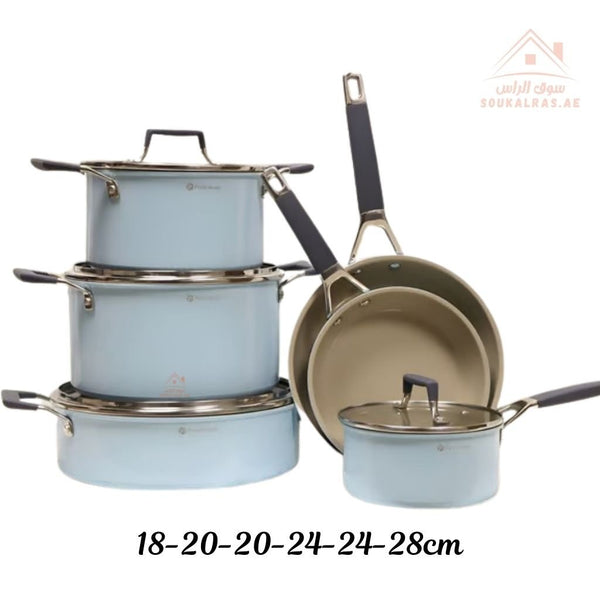 10 - Piece Nubira Crystal Ceramic Cookware Set | 20/24/28 cm Casseroles, 18 cm Saucepan, 20/24 cm Frypans with 4 Glass Lids | Premium Scratch - Resistant & Induction Base - Souk Al Ras