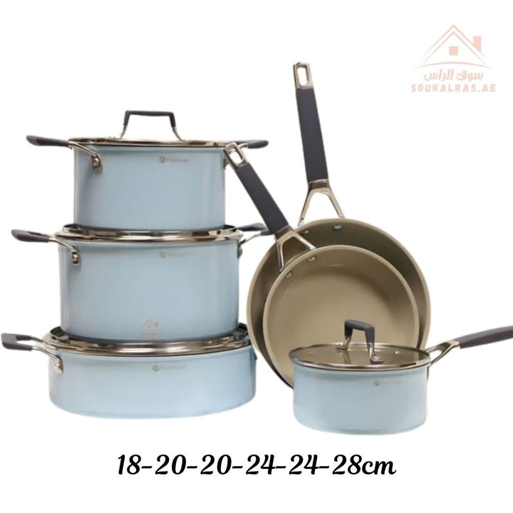 10 - Piece Nubira Crystal Ceramic Cookware Set | 20/24/28 cm Casseroles, 18 cm Saucepan, 20/24 cm Frypans with 4 Glass Lids | Premium Scratch - Resistant & Induction Base - Souk Al Ras