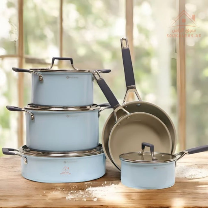 10 - Piece Nubira Crystal Ceramic Cookware Set | 20/24/28 cm Casseroles, 18 cm Saucepan, 20/24 cm Frypans with 4 Glass Lids | Premium Scratch - Resistant & Induction Base - Souk Al Ras