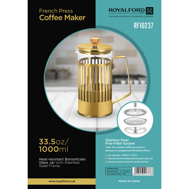 1000ml French Press Coffee Maker - Borosilicate Glass Jar - Stainless Steel Frame - Souk Al RasCookware