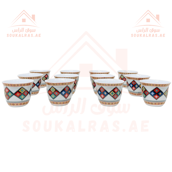 12 Pcs Ceramic Arabic Coffee Cup Set | Traditional Pattern Design | Premium Coffee Set | Big size 120 ml - Souk Al Ras