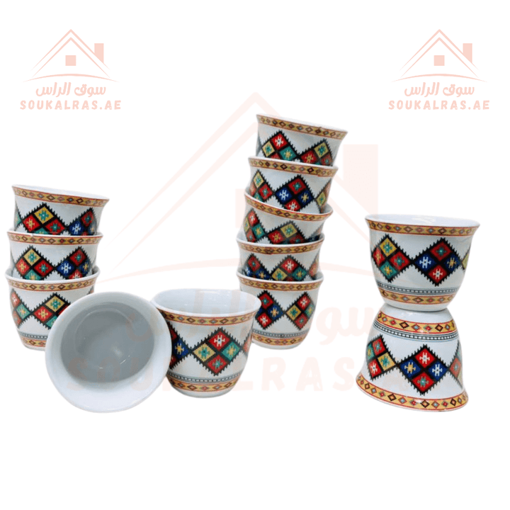 12 Pcs Ceramic Arabic Coffee Cup Set | Traditional Pattern Design | Premium Coffee Set | Big size 120 ml - Souk Al Ras