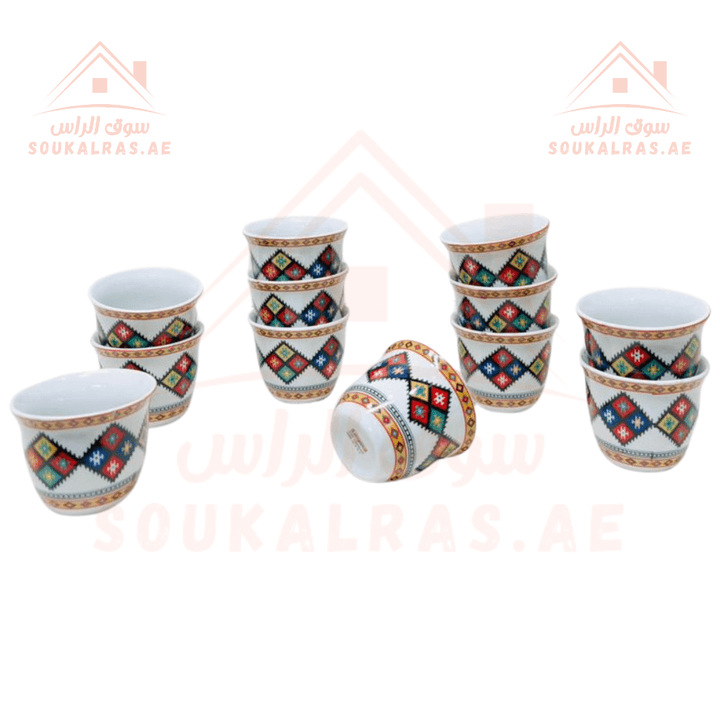 12 Pcs Ceramic Arabic Coffee Cup Set | Traditional Pattern Design | Premium Coffee Set | Big size 120 ml - Souk Al Ras