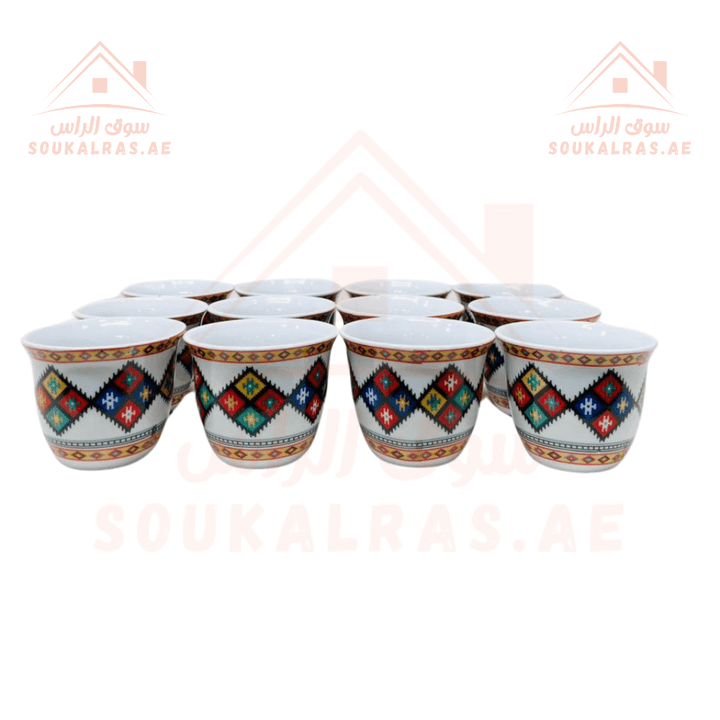 12 Pcs Ceramic Arabic Coffee Cup Set | Traditional Pattern Design | Premium Coffee Set | Big size 120 ml - Souk Al Ras