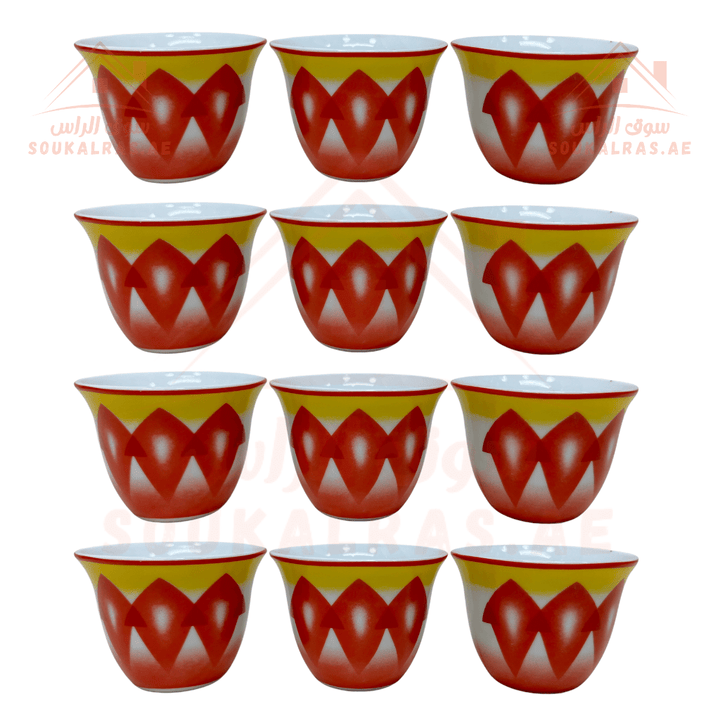 12 pcs Ceramic Arabic coffee cup with a Traditional Pattern, Arabic coffee cup, Set 12 pcs - Traditional design - Souk Al RasCawa Cups