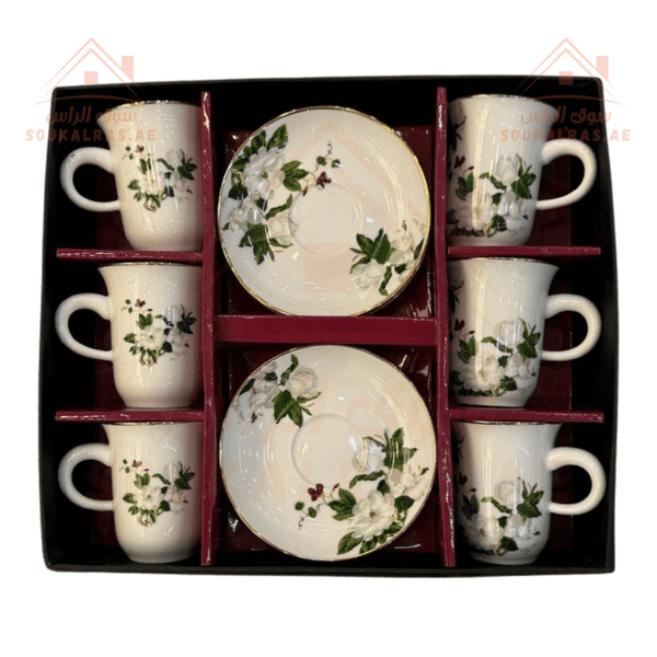 12 - Piece Floral Cup & Saucer Set | Elegant Design | 6 Cups & 6 Saucers | Perfect for Tea & Coffee - Souk Al RasCup and Saucer Set