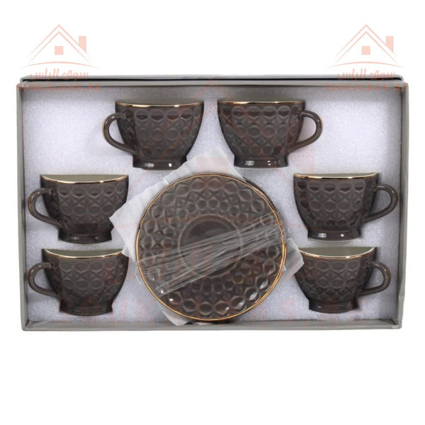 12 - Piece Luxury Coffee Cup Set | Elegant Textured Design with Gold Rim | Gray & Warm Bink - Souk Al Ras