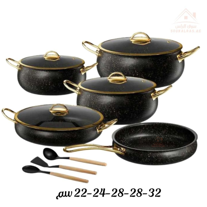 12 - Piece Premium Granite Cookware Set | Black Marble Finish with Golden Handles | Non - Stick Cooking Pots & Pans - Souk Al Ras