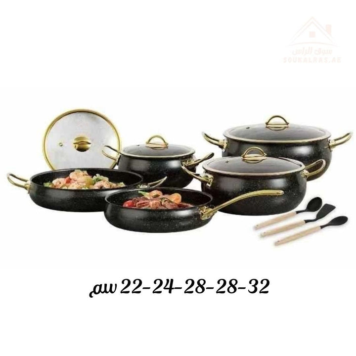 12 - Piece Premium Granite Cookware Set | Black Marble Finish with Golden Handles | Non - Stick Cooking Pots & Pans - Souk Al Ras