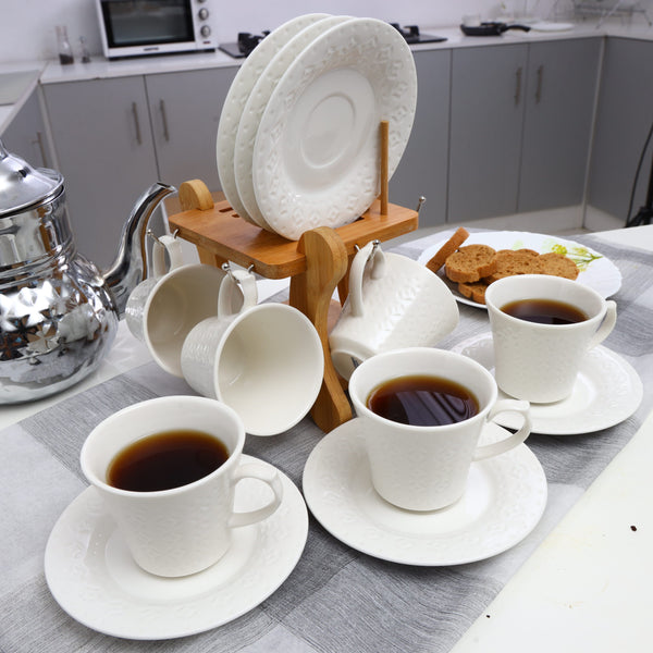 12Pc Porcelain Cup and Saucer With Bamboo Stand - White and Brown