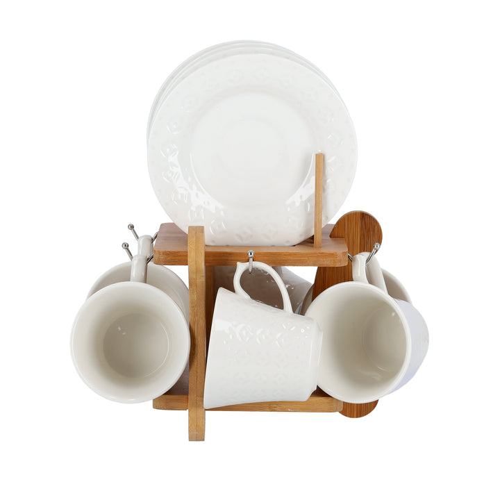 12Pc Porcelain Cup and Saucer With Bamboo Stand - White and Brown