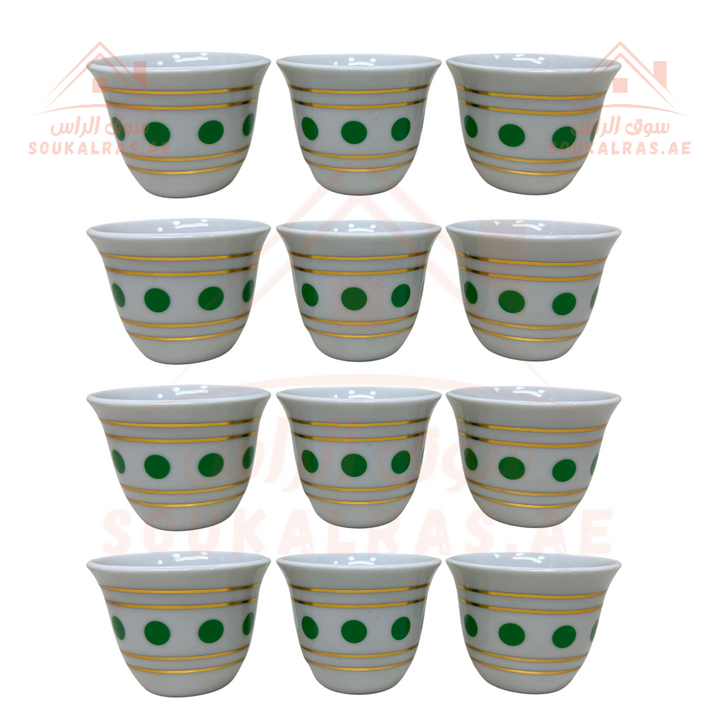 12 فناجين قهوة عربية سيراميك بنمط شعبي تراثي، فناجين قهوة عربية، طقم من 12 قطعة - تصميم مرقط باللون الأخضر