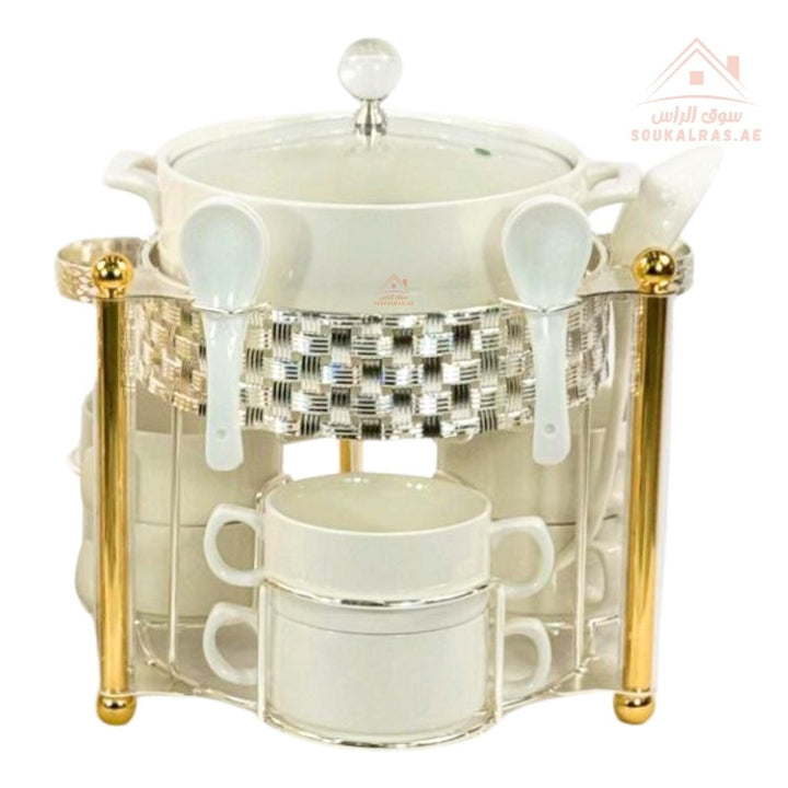 14 - Piece Luxury Porcelain Soup & Tea Set with Metal Stand | Elegant White with Silver/Gold Accents - Souk Al Ras