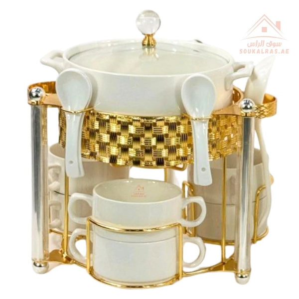 14 - Piece Luxury Porcelain Soup & Tea Set with Metal Stand | Elegant White with Silver/Gold Accents - Souk Al Ras