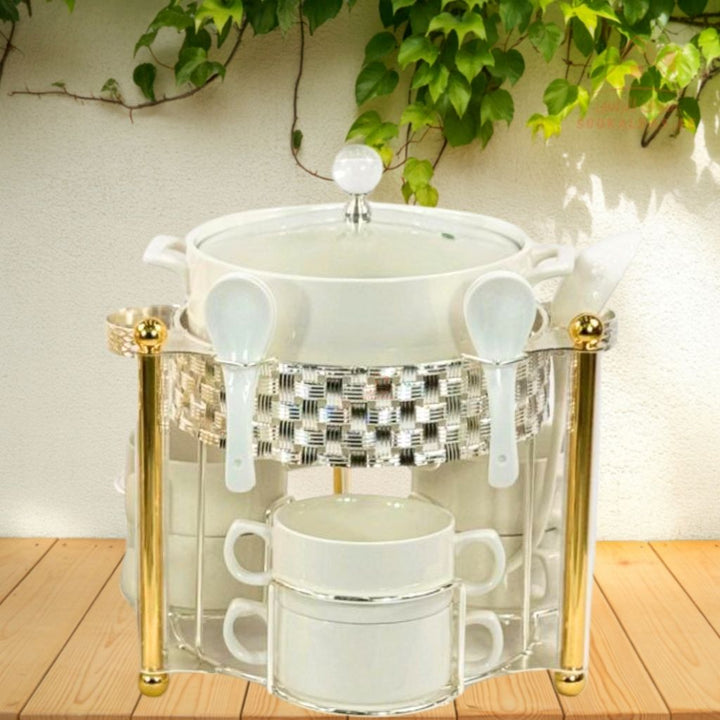 14 - Piece Luxury Porcelain Soup & Tea Set with Metal Stand | Elegant White with Silver/Gold Accents - Souk Al Ras