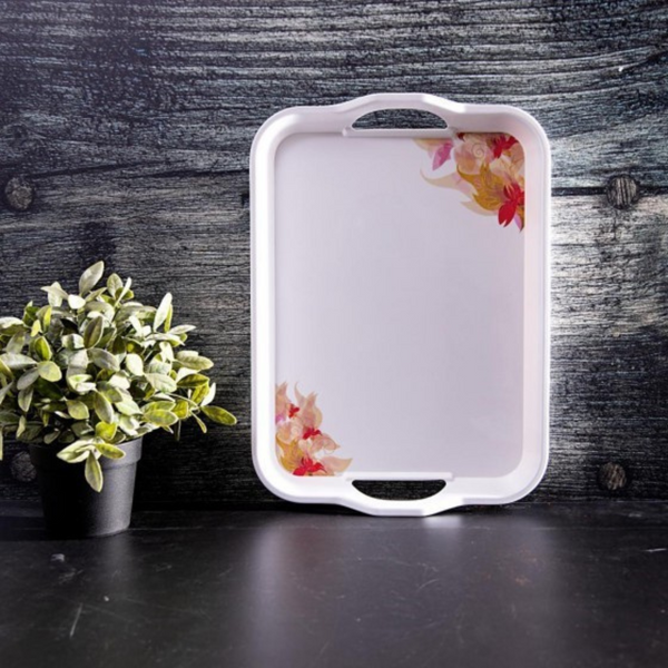 17.5 inch Melamine Ware Handle Tray with Flower Carnival Pattern - White