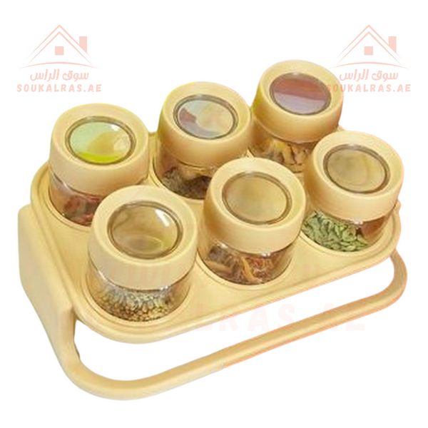 6-Piece Acrylic Spice Rack Set with Spoons | Modern Kitchen Organizer | Souk Al Ras