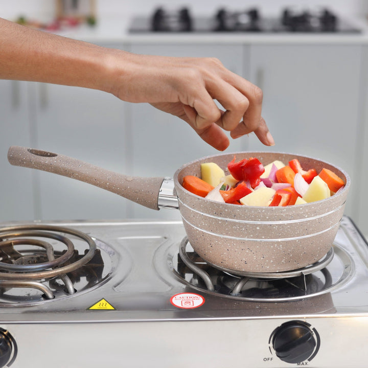 16cm Beige Marble Coated Smart Saucepan - High - Quality Non - Stick Saucepan - Souk Al RasPots & Pans