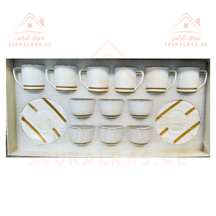 18 - Piece Modern White Tea & Coffee Set with Gold Accents | Perfect for Elegant Occasions |Perfect for Hosting | small cups - Souk Al Ras