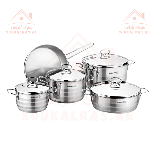 Korkmaz Astra 9Pcs Stainless Steel 18/10 Cookware Set with Induction & Solar Base | Made in Turkey | 4-Year Warranty