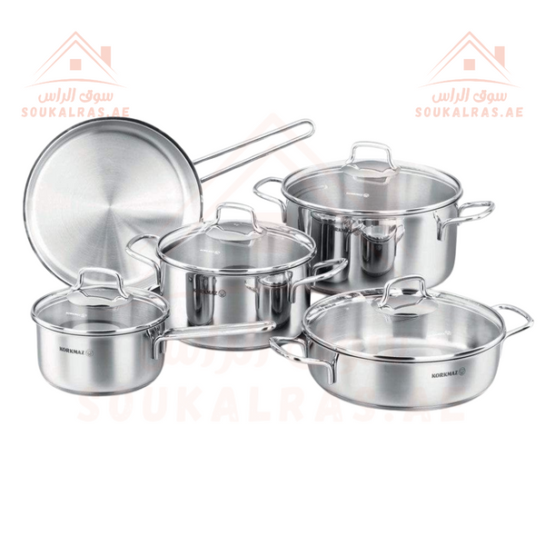 Korkmaz Perla 9Pcs Stainless Steel 18/10 Cookware Set with Induction & Solar Base | Made in Turkey | 4-Year Warranty