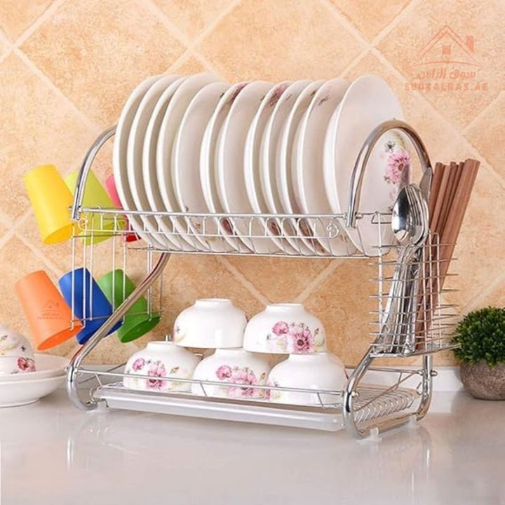 2 - Layer Chrome Dish Drying Rack | Compact Dish Drainer | Stainless Look | Size 34×22×34CM - Souk Al Ras