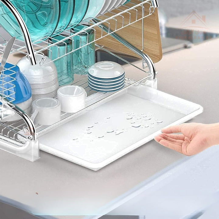 2 - Layer Chrome Dish Drying Rack | Compact Dish Drainer | Stainless Look | Size 34×22×34CM - Souk Al Ras