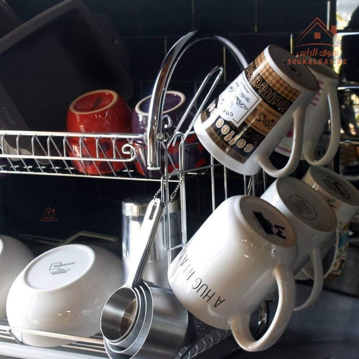 2 - Layer Chrome Dish Drying Rack | Compact Dish Drainer | Stainless Look | Size 34×22×34CM - Souk Al Ras