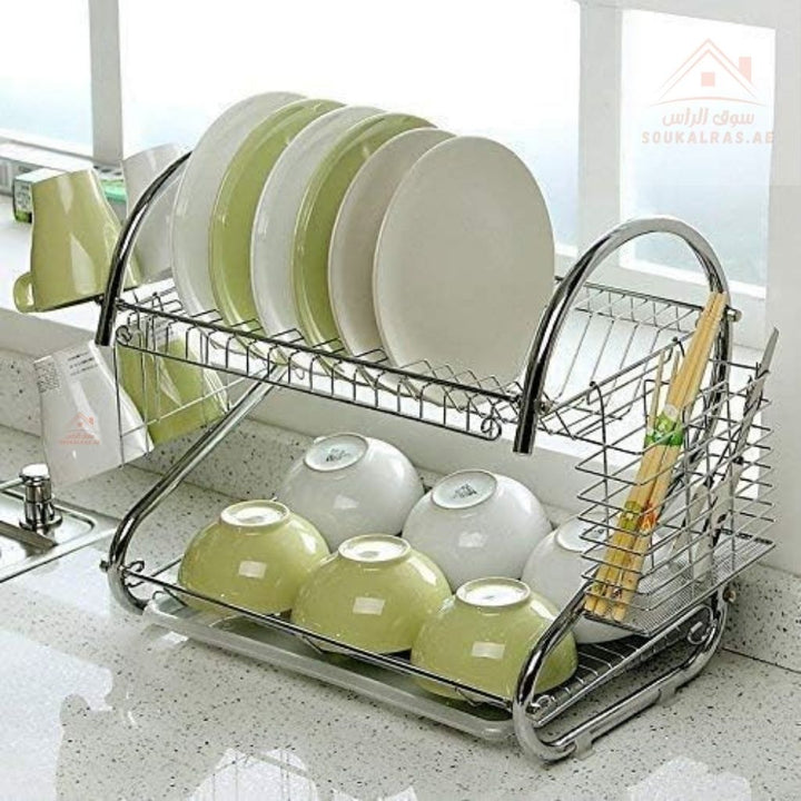 2 - Layer Chrome Dish Drying Rack | Compact Dish Drainer | Stainless Look | Size 34×22×34CM - Souk Al Ras