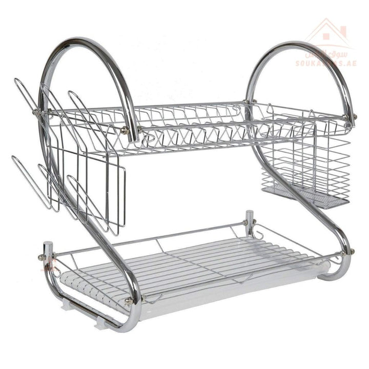 2 - Layer Chrome Dish Drying Rack | Compact Dish Drainer | Stainless Look | Size 34×22×34CM - Souk Al Ras