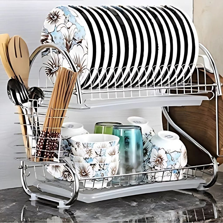 2 - Layer Chrome Dish Drying Rack | Compact Dish Drainer | Stainless Look | Size 34×22×34CM - Souk Al Ras