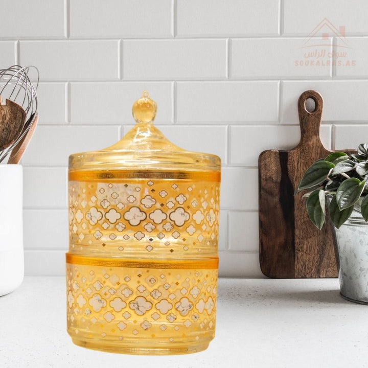 2 - Layer Glass Sugar Pot | Luxury Gold - Decorated Storage Jar | Perfect for family gatherings, Ramadan, and festive events - Souk Al Ras