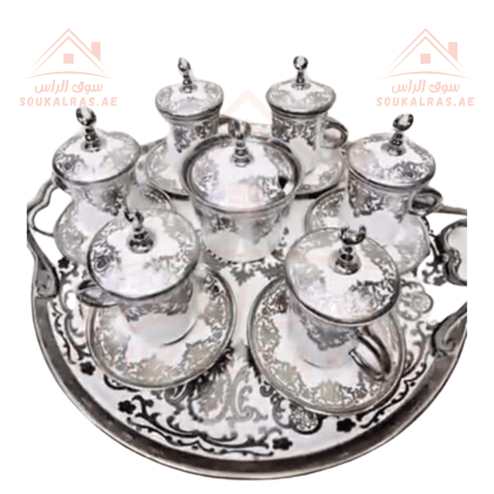 21 - Piece Luxury Cup Set with Silver & Gold Embossed Design | Premium Coffee & Tea Set | Elegant Serving Collection - Souk Al Ras