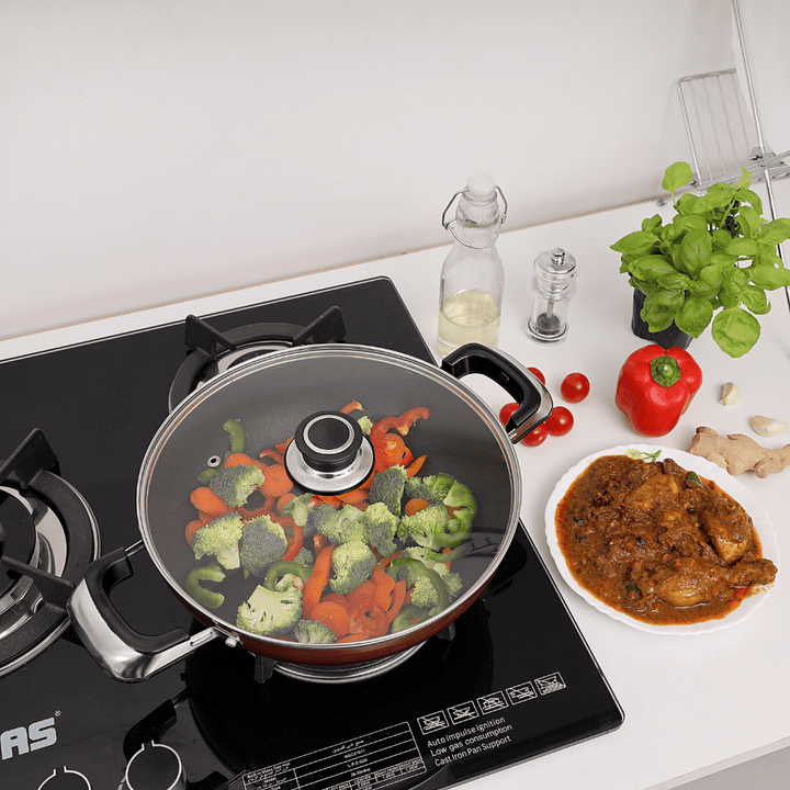 22cm Aluminium Wok Pan with Glass Lid - Induction Safe Frying Pan with Durable Non - Stick - Souk Al RasPots & Pans