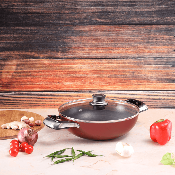 22cm Aluminium Wok Pan with Glass Lid - Induction Safe Frying Pan with Durable Non - Stick - Souk Al RasPots & Pans