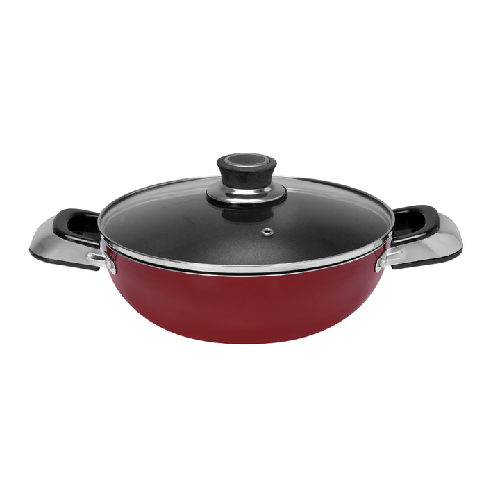 22cm Aluminium Wok Pan with Glass Lid - Induction Safe Frying Pan with Durable Non - Stick - Souk Al RasPots & Pans