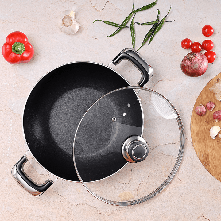 22cm Aluminium Wok Pan with Glass Lid - Induction Safe Frying Pan with Durable Non - Stick - Souk Al RasPots & Pans