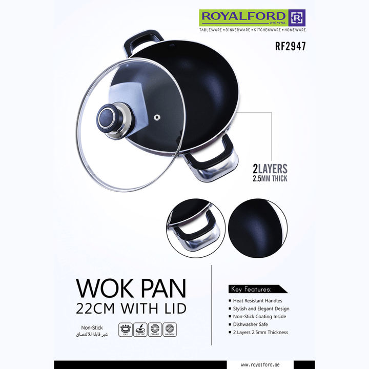 22cm Aluminium Wok Pan with Glass Lid - Induction Safe Frying Pan with Durable Non - Stick - Souk Al RasPots & Pans