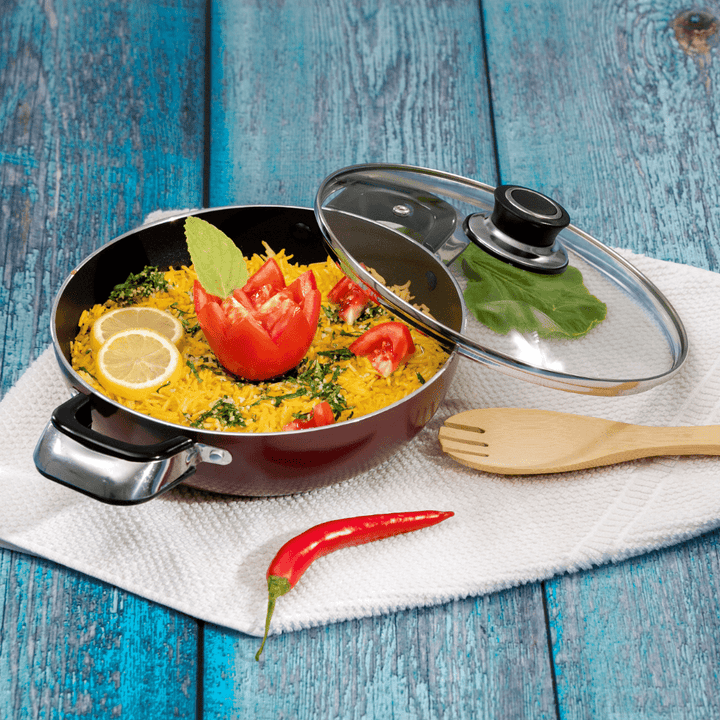 22cm Aluminium Wok Pan with Glass Lid - Induction Safe Frying Pan with Durable Non - Stick - Souk Al RasPots & Pans