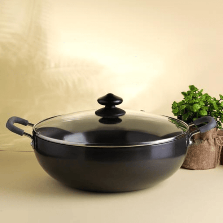 24CM Hard Anodized Deep Kadai with Tempered Glass Lid - Souk Al RasPots & Pans