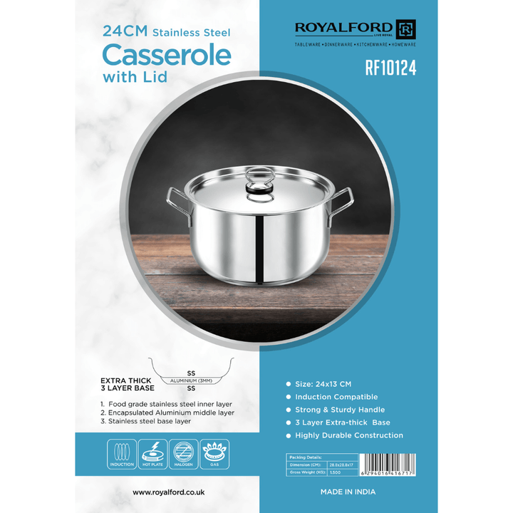 24cm Stainless Steel Casserole with Lid - Thick Base - Souk Al RasCookware