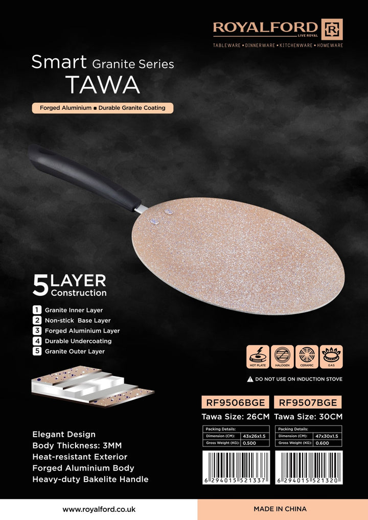 26CM Marble Coated Aluminium Smart Tawa - Black & Beige - Souk Al RasCookware