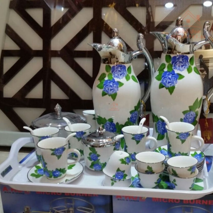 29 - Piece Luxury Arabic Coffee & Tea Serving Set | Elegant Floral Design | Includes Dallahs, Cups, Mugs, Spoons, Sugar Pot & Serving Tray - Souk Al Ras