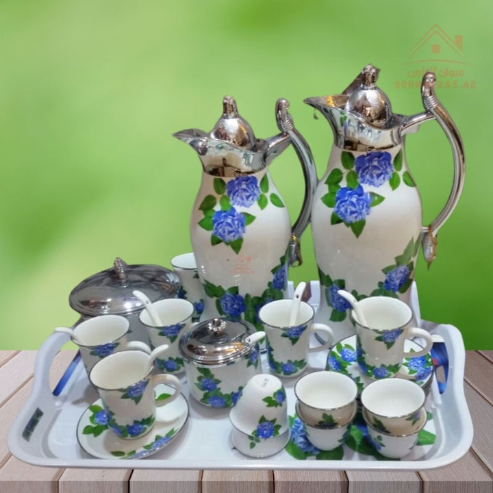 29 - Piece Luxury Arabic Coffee & Tea Serving Set | Elegant Floral Design | Includes Dallahs, Cups, Mugs, Spoons, Sugar Pot & Serving Tray - Souk Al Ras