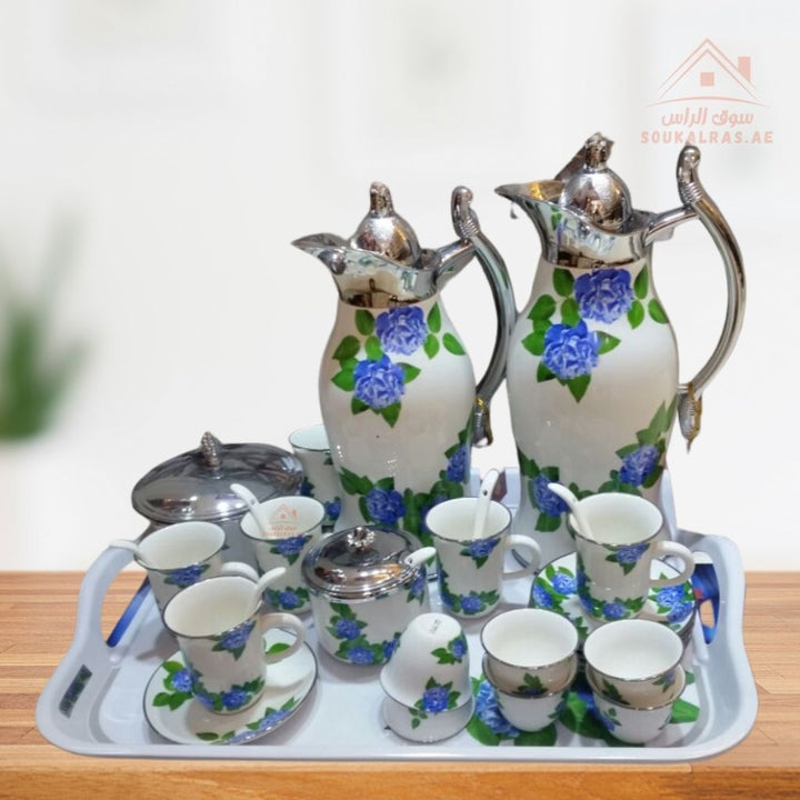 29 - Piece Luxury Arabic Coffee & Tea Serving Set | Elegant Floral Design | Includes Dallahs, Cups, Mugs, Spoons, Sugar Pot & Serving Tray - Souk Al Ras