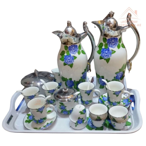 29 - Piece Luxury Arabic Coffee & Tea Serving Set | Elegant Floral Design | Includes Dallahs, Cups, Mugs, Spoons, Sugar Pot & Serving Tray - Souk Al Ras