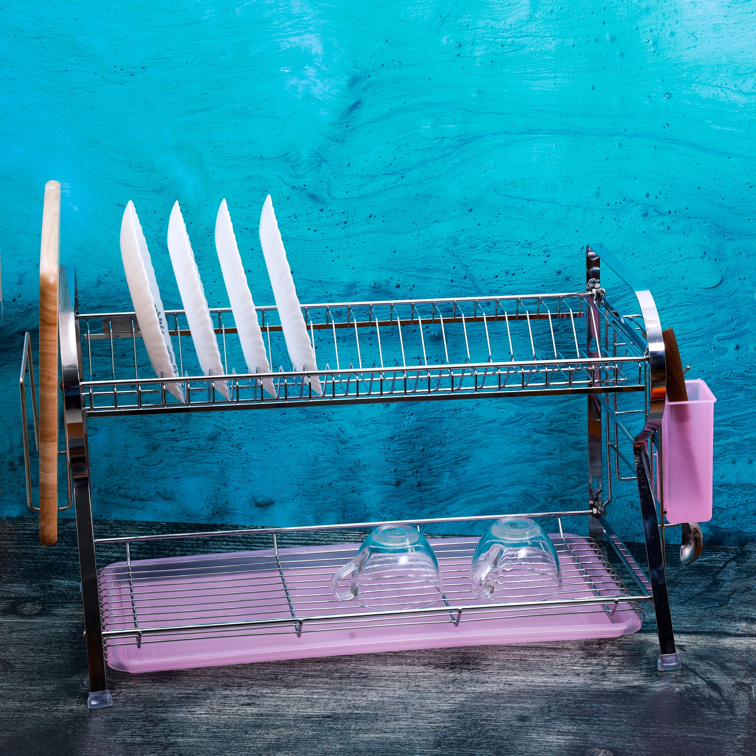 2Layer Wall Hanging Dish Rack With Plastic Drip Tray MultiPurpose D