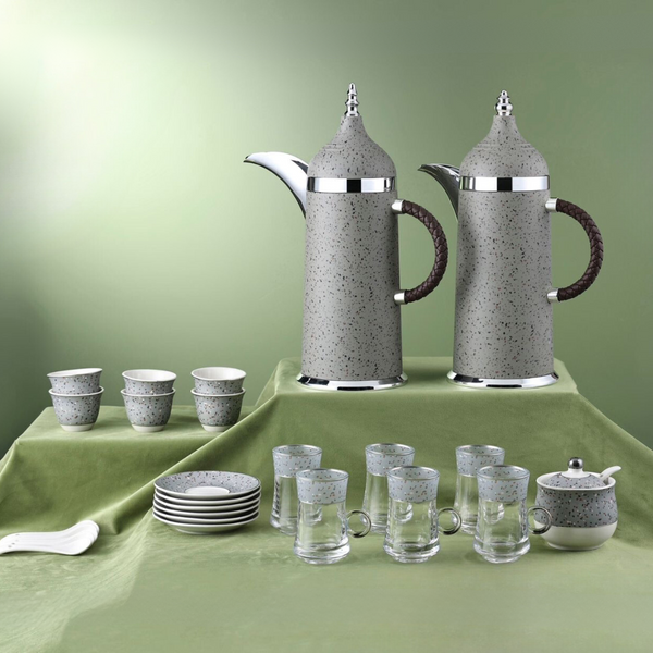 Luxurious Marble-Design Tea and Coffee Serving Dallah Set - Complete 28-Piece Set