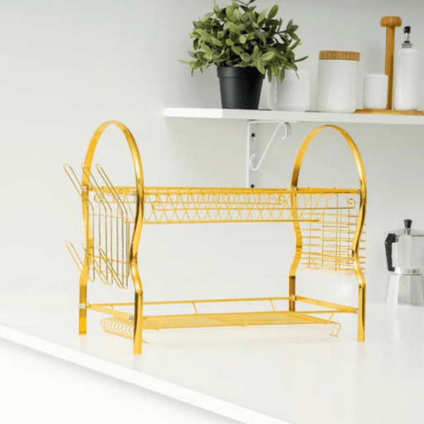 2Layer Goldy Dish Rack - Convenient Moving - Durable Gold Finish - Souk Al RasKitchen Accessories